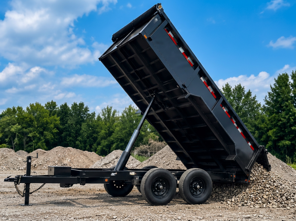 A black steel dump trailer parked on a residential driveway